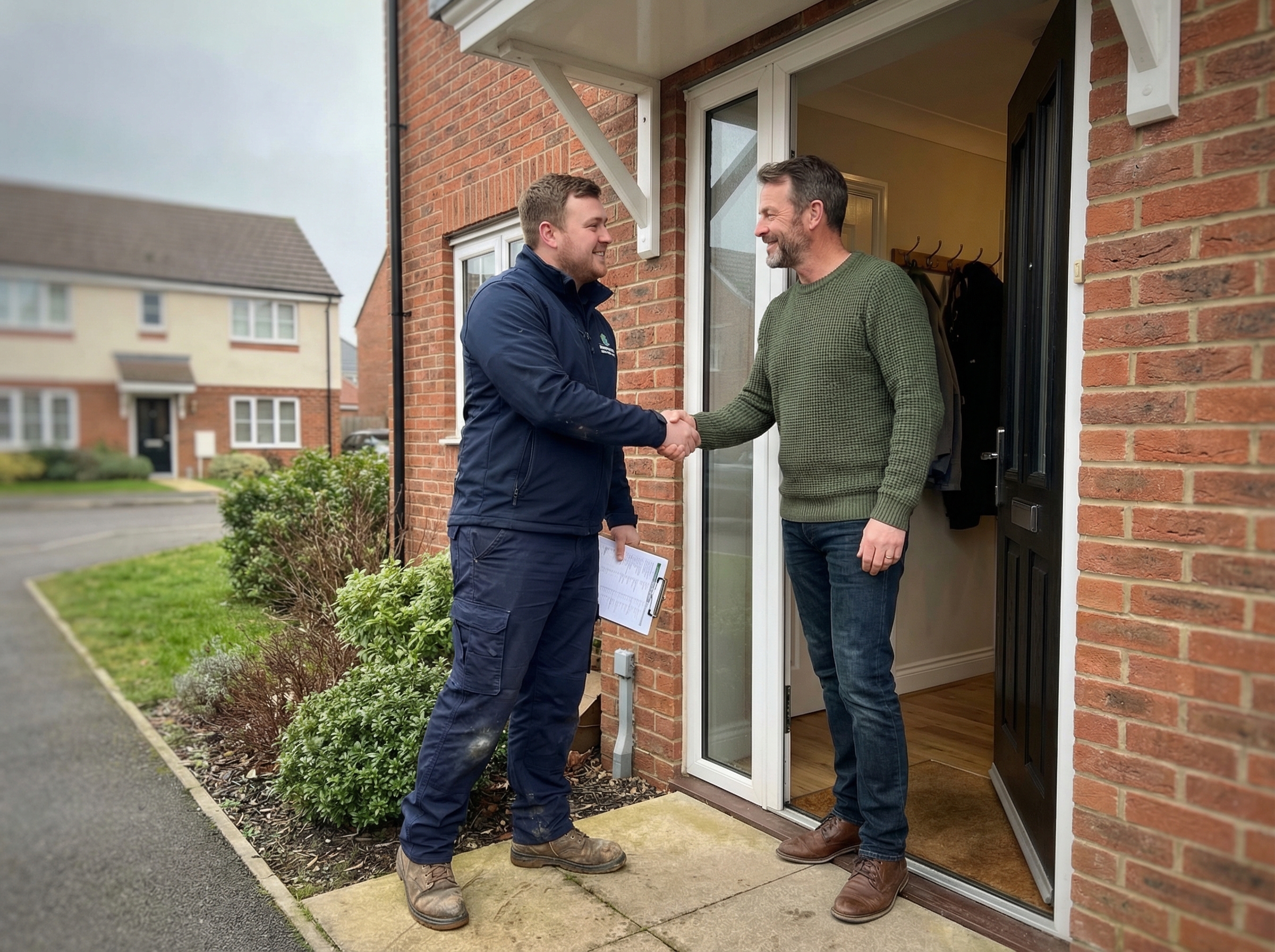 GPS installer shaking hands with homeowner at their home