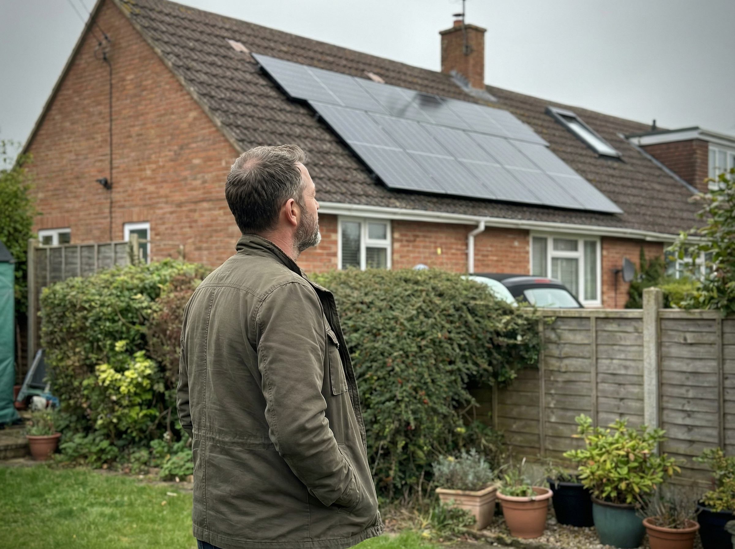 Homeowner looking at their completed solar panel installation on their roof